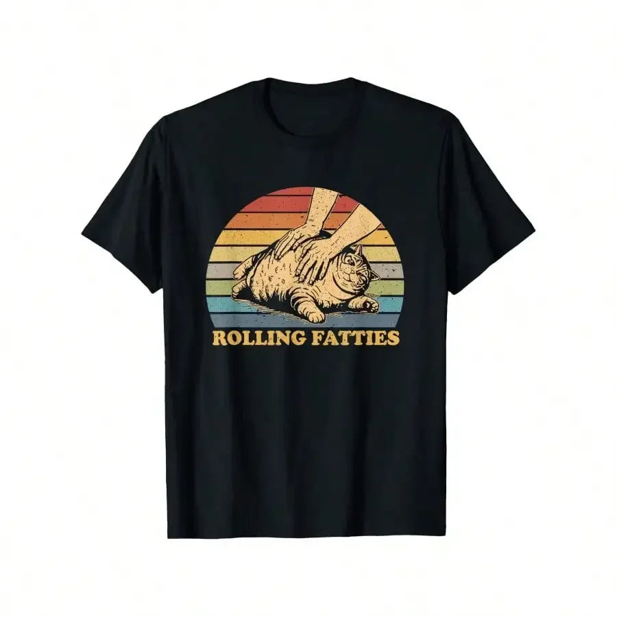 [Funny Cat T-Shirt] 100% Cotton Black Cat Rolling Fatties Funny T-Shirt | Single Side Printed, Short Sleeve, S-XXXL, 1pc, 180g ShedPoundsPortal