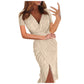 Sexy Deep V Sequins Wrap Dress Womens Ruched Short Sleeve Formal Party Dresses Sparkly Evening Gown Wedding Guest Dress Vestidos