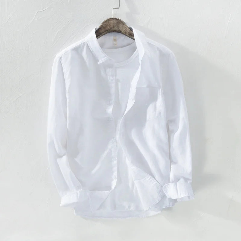 Mens Cotton Linen Shirt Breathable Casual Solid Colors Loose Turn-down Collar Long Sleeve Button Down Blouse Tops Shirts For Man ShedPoundsPortal