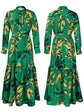 Elegant lapel print single breasted Waist tie long sleeved dress for spring and autumn women&