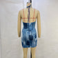 Summer New Fashionable Casual Sleeveless Hanging Neck Strap Denim Print Slim Fit Exposed Backpack Hip Dress