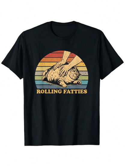 [Funny Cat T-Shirt] 100% Cotton Black Cat Rolling Fatties Funny T-Shirt | Single Side Printed, Short Sleeve, S-XXXL, 1pc, 180g ShedPoundsPortal