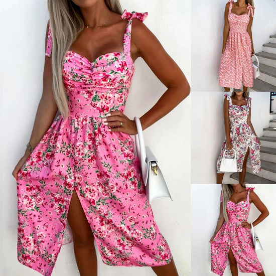 Birthday Outfits Women Sexy Solid Color Printed Square Neck Sleeveless Strap Skirt Fashion Side Split Slim Fit Dresses For Teens