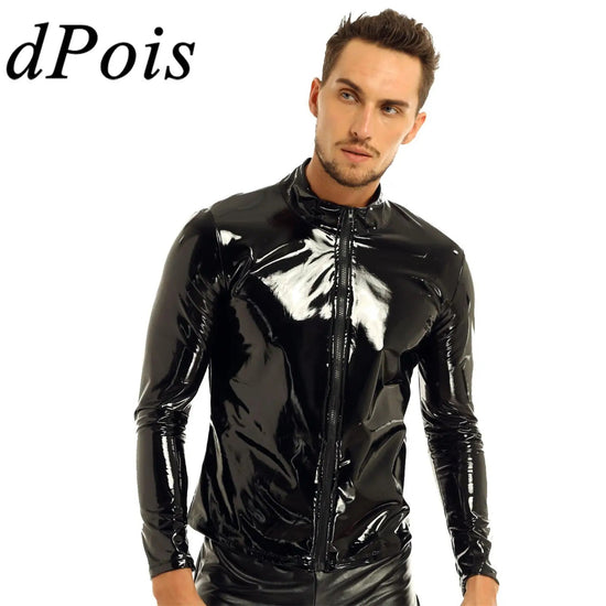 Men Wet Look Patent Leather Coat Long Sleeve Front-Zip Shiny Metallic Tops Fashion Man&