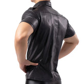 Mens Shirts Faux Leather T Shirts Nightclub Stage Costumes Short Sleeve Button Up Shirt PU Leather Latex Wetlook Dance Clubwear ShedPoundsPortal