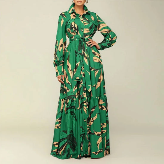 Elegant lapel print single breasted Waist tie long sleeved dress for spring and autumn women&
