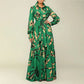 Elegant lapel print single breasted Waist tie long sleeved dress for spring and autumn women&