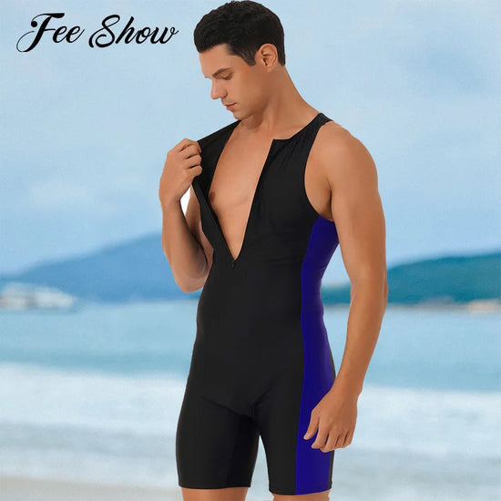 Summer Men One-piece Swimwear Swimsuit Sleeveless Front Zipper Swimming Shorts Bodysuit Triathlon Wetsuit Bathing Suit Beachwear ShedPoundsPortal
