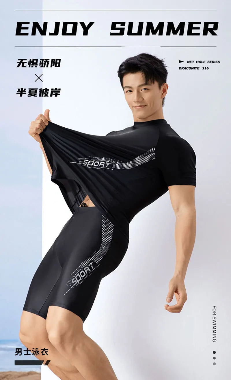 Men Swimsuit O-Neck Short Sleeve Mid-rise Swimming Suit Printing Slim Fit T-shirt Swimming Trucks Set Beachwear ShedPoundsPortal