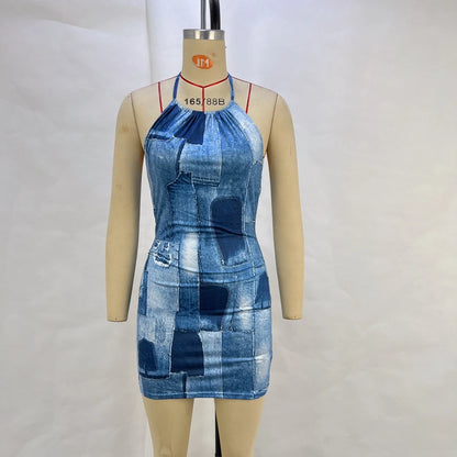Summer New Fashionable Casual Sleeveless Hanging Neck Strap Denim Print Slim Fit Exposed Backpack Hip Dress