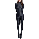 Sexy Women Zipper Full Body Jumpsuit Oil Glossy Sheer Solid Color Tights Bodysuits Long Sleeve Catsuits Smooth Swimsuits Rompers ShedPoundsPortal