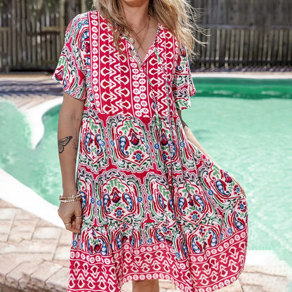 Fashionable Loose Fit Short Skirt Summer New V Neck Boho Ethnic Print Casual Dress Womens Sports Conservative Midi Dresses