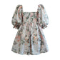 Floral Print French Puff Sleeve Dress High Waist Vintage Large Swing Dress Square Collar Dresses For Wedding Guest Vestidos