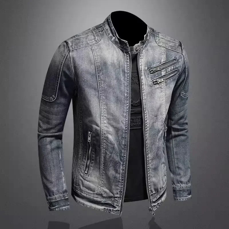 Trendy Stand Collar Zip-Uplapel Motorcycle Denim Jacket Unique Vintage Sports Top For Men Casual Trendy Brand Jacket ShedPoundsPortal