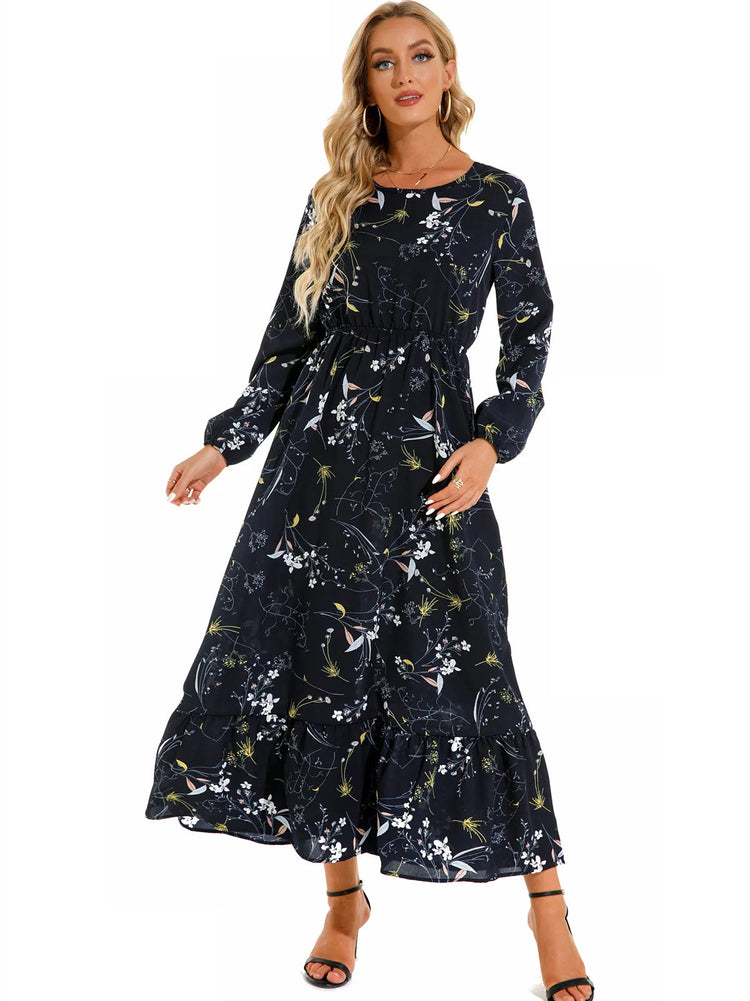 Women Eid Muslim Dresses Tight Waist O Neck Ruffles Spliced Casual Vestidos Flowers Dress Dubai Kaftan Islam Morocco Arab ShedPoundsPortal