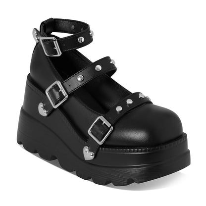 DoraTasia Retro Mary Jane Punk Heels – Studded Black Lolita Party Shoe