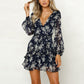 Low Cut V Neck Sexy Dress Flared Long Sleeve Lace Dress Bohemian Print Lace Up Summer Dresses Qutfits Ultra-Thin Dresses