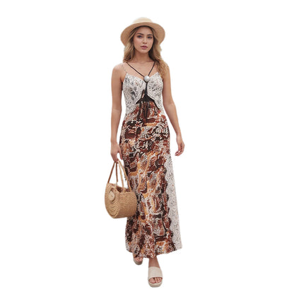 Women s Boho Floral Print Maxi Dress Sleeveless V-Neck Open Back Side Slit Beach Dress Summer Vacation Dress