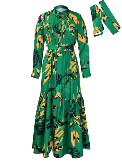 Elegant lapel print single breasted Waist tie long sleeved dress for spring and autumn women&