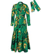 Elegant lapel print single breasted Waist tie long sleeved dress for spring and autumn women&