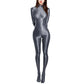 Sexy Women Zipper Full Body Jumpsuit Oil Glossy Sheer Solid Color Tights Bodysuits Long Sleeve Catsuits Smooth Swimsuits Rompers ShedPoundsPortal