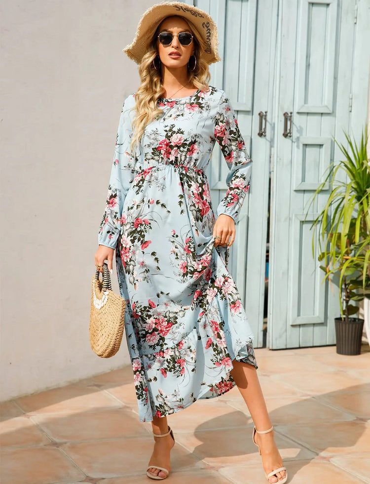 Women Eid Muslim Dresses Tight Waist O Neck Ruffles Spliced Casual Vestidos Flowers Dress Dubai Kaftan Islam Morocco Arab ShedPoundsPortal