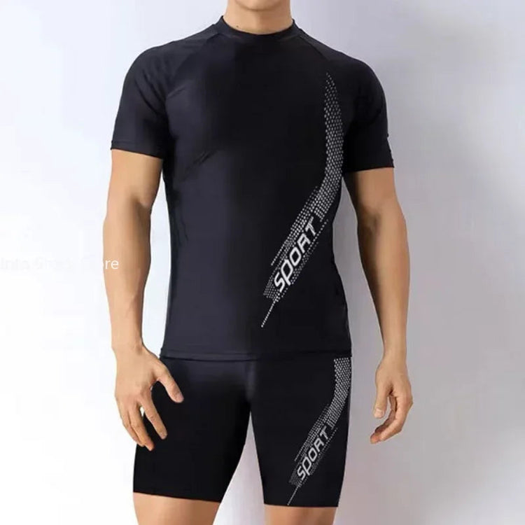 Men Swimsuit O-Neck Short Sleeve Mid-rise Swimming Suit Printing Slim Fit T-shirt Swimming Trucks Set Beachwear ShedPoundsPortal