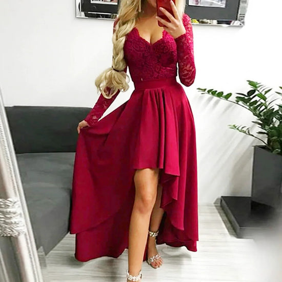 Elegant Satin V-Neck Maxi Dress with Lace Dovetail
