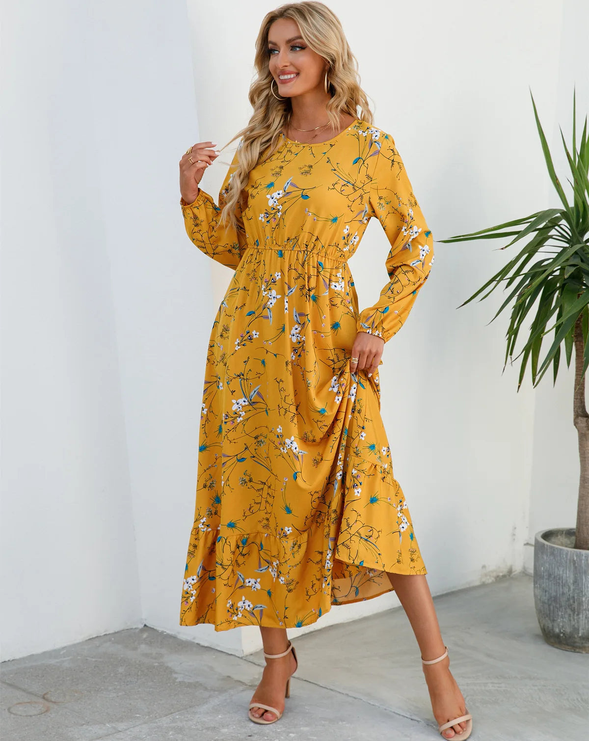 Women Eid Muslim Dresses Tight Waist O Neck Ruffles Spliced Casual Vestidos Flowers Dress Dubai Kaftan Islam Morocco Arab ShedPoundsPortal