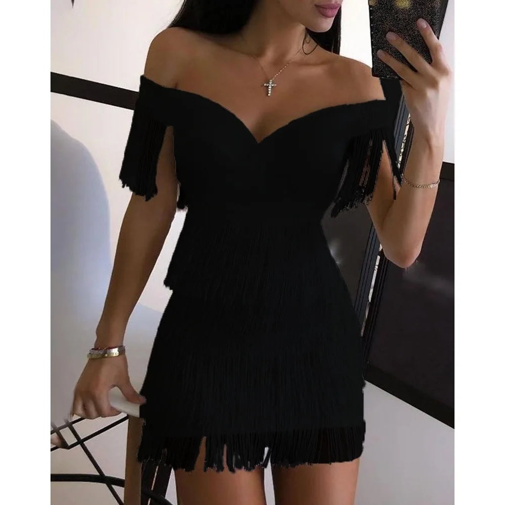 Women Evening Dresses Sexy Big V Neck One-shoulder Fringed Skirt Ladies Temperament Slim Dress Short Sleeve Club Dress Vestidos ShedPoundsPortal