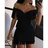 Women Evening Dresses Sexy Big V Neck One-shoulder Fringed Skirt Ladies Temperament Slim Dress Short Sleeve Club Dress Vestidos ShedPoundsPortal