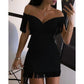 Women Evening Dresses Sexy Big V Neck One-shoulder Fringed Skirt Ladies Temperament Slim Dress Short Sleeve Club Dress Vestidos ShedPoundsPortal
