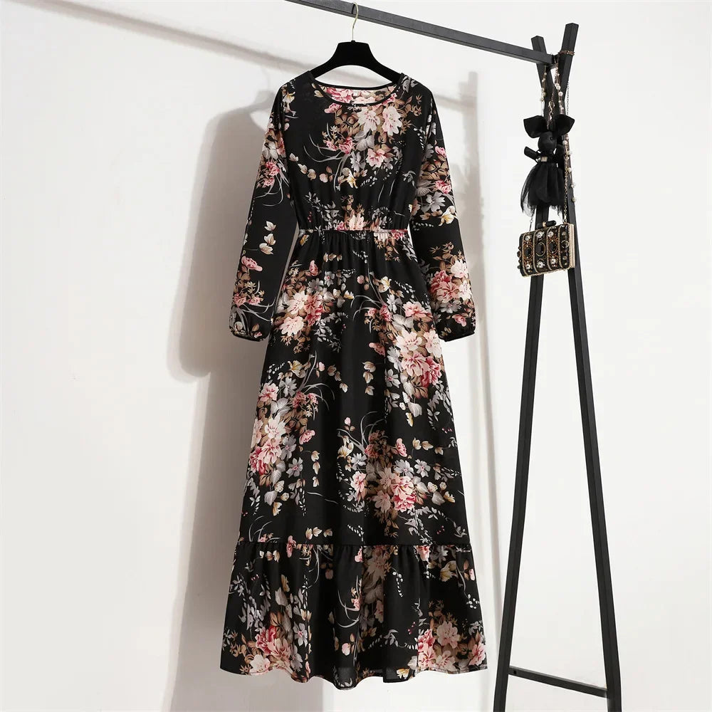 Women Eid Muslim Dresses Tight Waist O Neck Ruffles Spliced Casual Vestidos Flowers Dress Dubai Kaftan Islam Morocco Arab ShedPoundsPortal