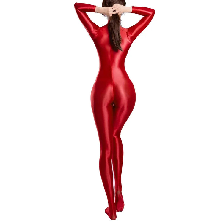 Sexy Women Zipper Full Body Jumpsuit Oil Glossy Sheer Solid Color Tights Bodysuits Long Sleeve Catsuits Smooth Swimsuits Rompers ShedPoundsPortal