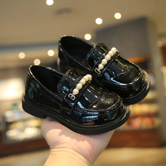 Girls Leather Shoes for School Party Wedding Kids Black Loafers Slip-o