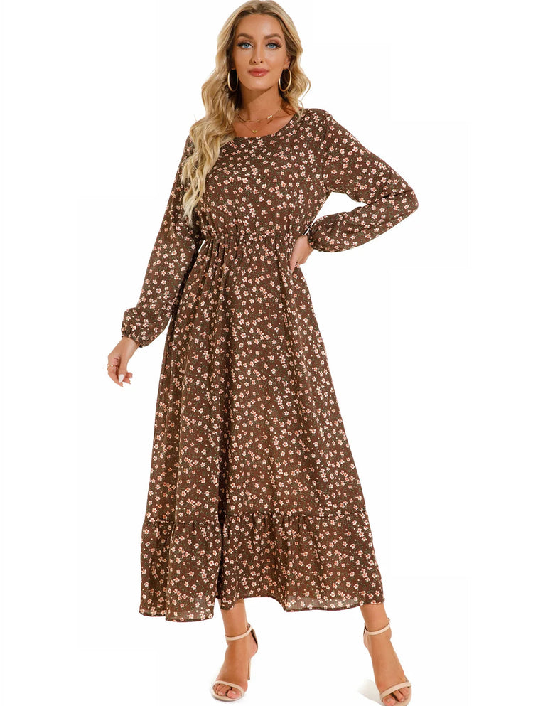 Women Eid Muslim Dresses Tight Waist O Neck Ruffles Spliced Casual Vestidos Flowers Dress Dubai Kaftan Islam Morocco Arab ShedPoundsPortal