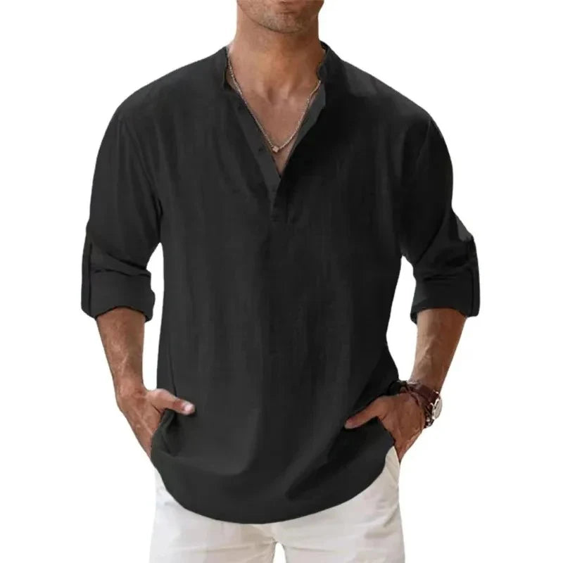 Streetwear Men Lightweight Shirts Long Sleeve Henley Cotton Linen Shirts for Men Beach Hawaiian Shirts Breathable Collar Tshirts ShedPoundsPortal