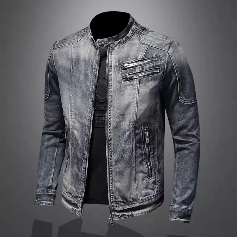 Trendy Stand Collar Zip-Uplapel Motorcycle Denim Jacket Unique Vintage Sports Top For Men Casual Trendy Brand Jacket ShedPoundsPortal