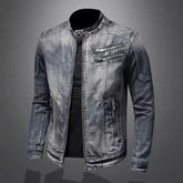 Trendy Stand Collar Zip-Uplapel Motorcycle Denim Jacket Unique Vintage Sports Top For Men Casual Trendy Brand Jacket ShedPoundsPortal