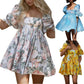 Floral Print French Puff Sleeve Dress High Waist Vintage Large Swing Dress Square Collar Dresses For Wedding Guest Vestidos