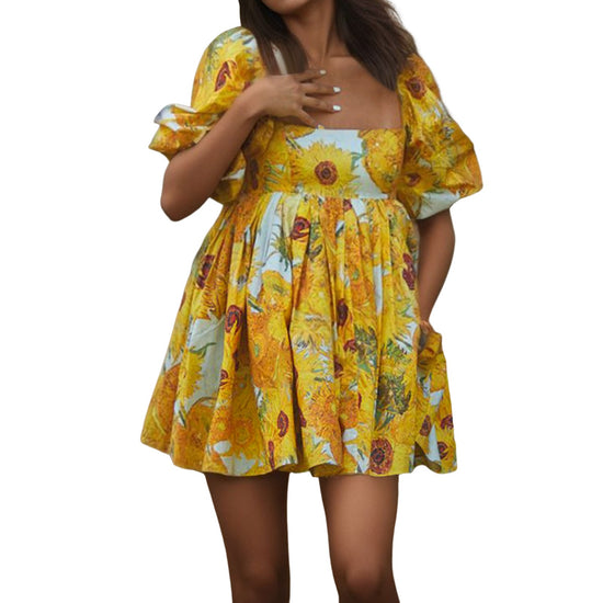 Floral Print French Puff Sleeve Dress High Waist Vintage Large Swing Dress Square Collar Dresses For Wedding Guest Vestidos