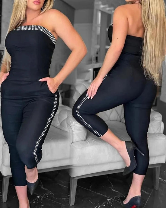 Jumpsuit Women 2024 Summer Fashion Rhinestone Decor Bandeau Sleeveless Sexy Backless Pocket Design Skinny Daily Long Jumpsuit ShedPoundsPortal