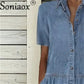 Elegant Solid Color Short Sleeve Denim Dress Summer Lapel Single-breasted Splice Dressy Female Comfortable Commuter Casual Gown