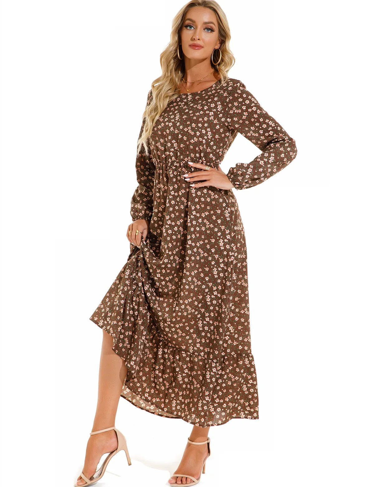 Women Eid Muslim Dresses Tight Waist O Neck Ruffles Spliced Casual Vestidos Flowers Dress Dubai Kaftan Islam Morocco Arab ShedPoundsPortal