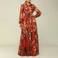 Elegant lapel print single breasted Waist tie long sleeved dress for spring and autumn women&