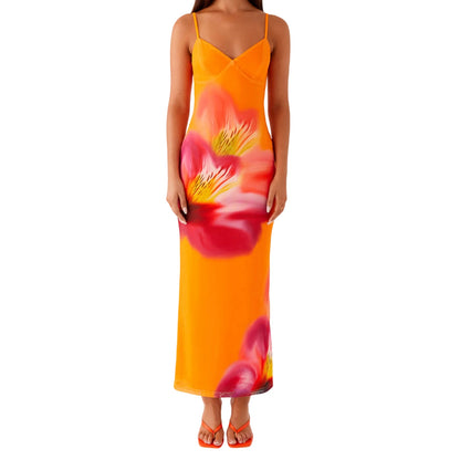 Women s Elegant Floral Print Sleeveless Maxi Dress with  Fit Spaghetti Straps for Summer Beach Party