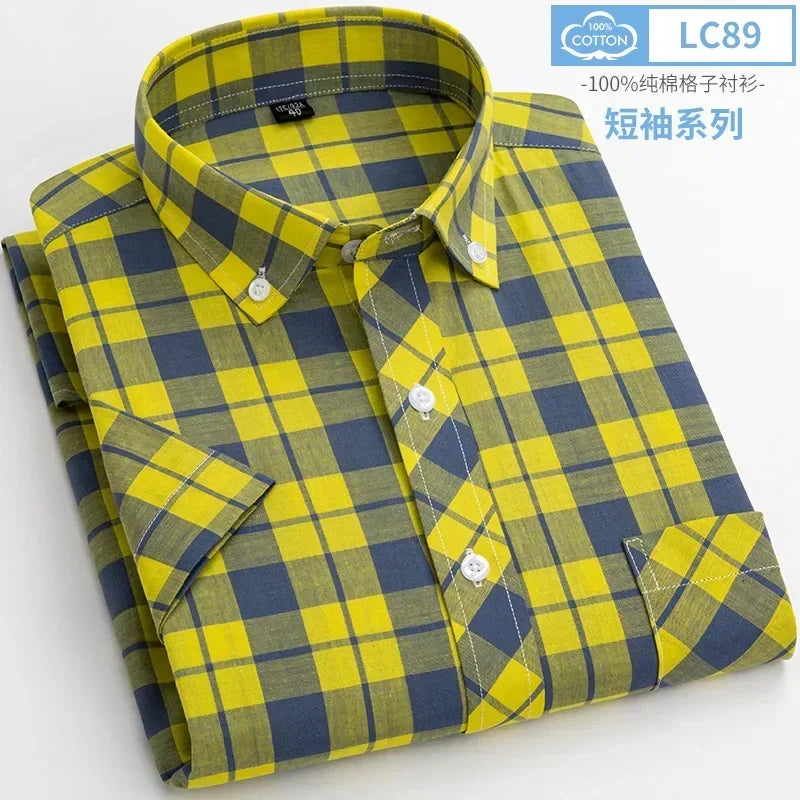 2025 Summer Cotton Plaid Short Sleeve Shirts For Men Plus Size Regular Fit Classic Young  England  Style Shirts Man&