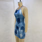 Summer New Fashionable Casual Sleeveless Hanging Neck Strap Denim Print Slim Fit Exposed Backpack Hip Dress