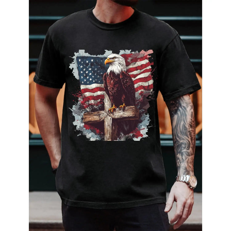 T - Shirt Featuring Majestic Eagle Symbol Set Against American Flag Motif ShedPoundsPortal