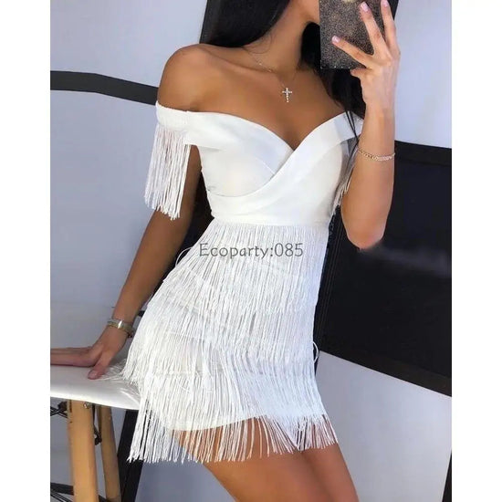 Women Evening Dresses Sexy Big V Neck One-shoulder Fringed Skirt Ladies Temperament Slim Dress Short Sleeve Club Dress Vestidos ShedPoundsPortal